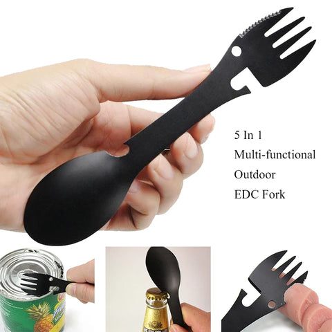 5-in-1 Camping Survival Tool – Fork, Knife, Spoon, Can/Bottle Opener EDC Kit