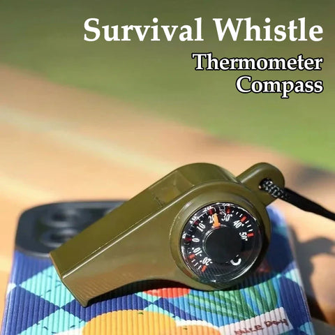 3-in-1 Emergency Survival Whistle – With Compass & Thermometer, Army Green Outdoor Tool  Bullet Point Description: