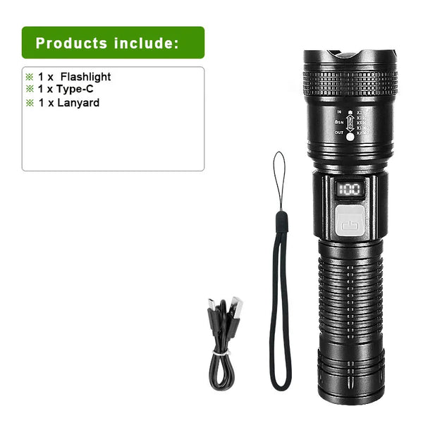 2,000,000LM Ultra-Bright Flashlight – Zoomable Waterproof Torch with Digital Display