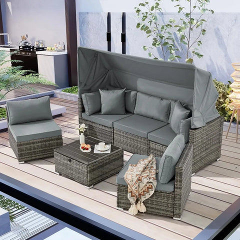 6-Piece Patio Furniture Set – Outdoor Sectional Sofa with Canopy & Adjustable Backrest
