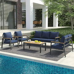 5-Piece Aluminum Patio Furniture Set – Sectional Sofa with Teak Coffee Table & Cushions