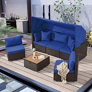6-Piece Patio Furniture Set – Outdoor Sectional Sofa with Canopy & Adjustable Backrest