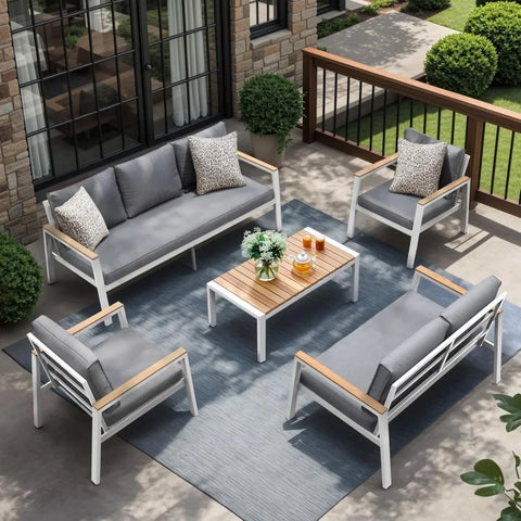 5-Piece Aluminum Patio Furniture Set – Sectional Sofa with Teak Coffee Table & Cushions