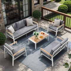 5-Piece Aluminum Patio Furniture Set – Sectional Sofa with Teak Coffee Table & Cushions