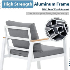 5-Piece Aluminum Patio Furniture Set – Sectional Sofa with Teak Coffee Table & Cushions