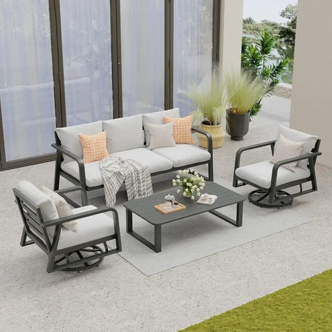 4-Piece Aluminum Patio Set – Swivel Rocking Chairs with Cushions & Conversation Table
