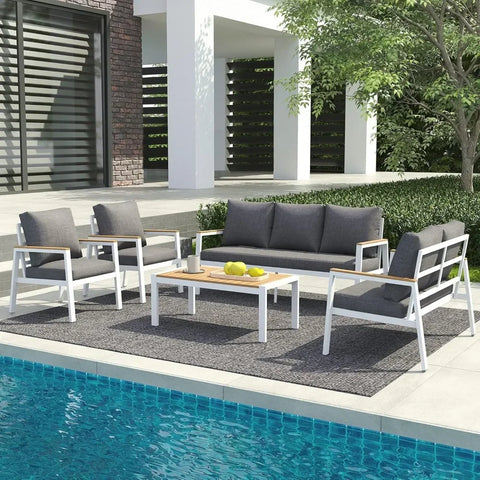 5-Piece Aluminum Patio Furniture Set – Sectional Sofa with Teak Coffee Table & Cushions