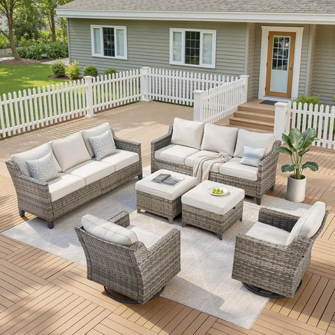 6-Piece Outdoor Patio Furniture Set – High-Back Sectional with Wicker Swivel Rocker Chairs