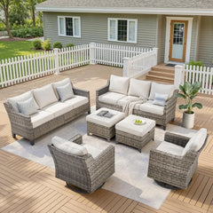 6-Piece Outdoor Patio Furniture Set – High-Back Sectional with Wicker Swivel Rocker Chairs