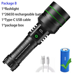 Long-Range LED Spotlight Flashlight – Waterproof Zoom Tactical Torch with Type-C Charging