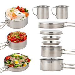 8-Piece Stainless Steel Camping Cookware Set – Pot, Pan, Plates & Cups for Outdoor Cooking