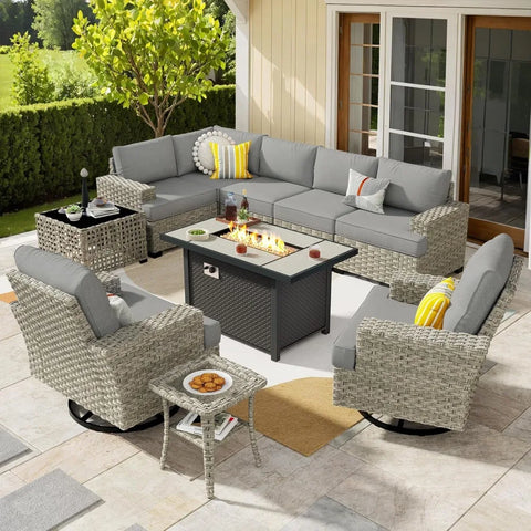 Weaxty 10-Piece Outdoor Patio Set – Wicker Sectional Sofa with Swivel Rocking Chair