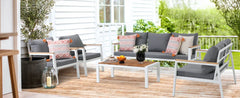 5-Piece Aluminum Patio Furniture Set – Sectional Sofa with Teak Coffee Table & Cushions