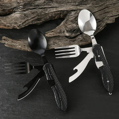 Portable Camping Utensil Set – Foldable Stainless Steel Fork, Spoon, Knife & Bottle Opener