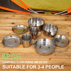 8-Piece Stainless Steel Camping Cookware Set – Pot, Pan, Plates & Cups for Outdoor Cooking
