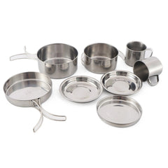 8-Piece Stainless Steel Camping Cookware Set – Pot, Pan, Plates & Cups for Outdoor Cooking