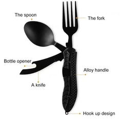 Portable Camping Utensil Set – Foldable Stainless Steel Fork, Spoon, Knife & Bottle Opener