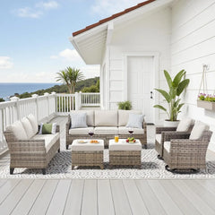6-Piece Outdoor Patio Furniture Set – High-Back Sectional with Wicker Swivel Rocker Chairs