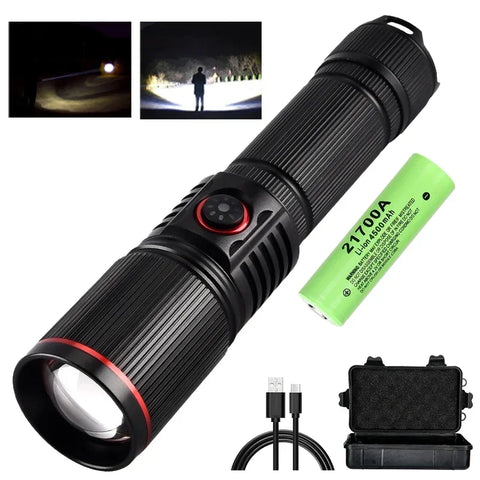 30W High Power LED Flashlight – Rechargeable Zoom Torch with Type-C Charging