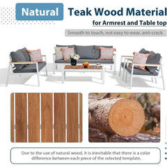 5-Piece Aluminum Patio Furniture Set – Sectional Sofa with Teak Coffee Table & Cushions