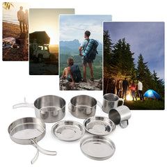 8-Piece Stainless Steel Camping Cookware Set – Pot, Pan, Plates & Cups for Outdoor Cooking