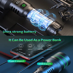 Long-Range LED Spotlight Flashlight – Waterproof Zoom Tactical Torch with Type-C Charging
