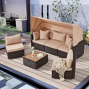 6-Piece Patio Furniture Set – Outdoor Sectional Sofa with Canopy & Adjustable Backrest