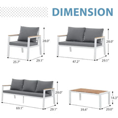 5-Piece Aluminum Patio Furniture Set – Sectional Sofa with Teak Coffee Table & Cushions